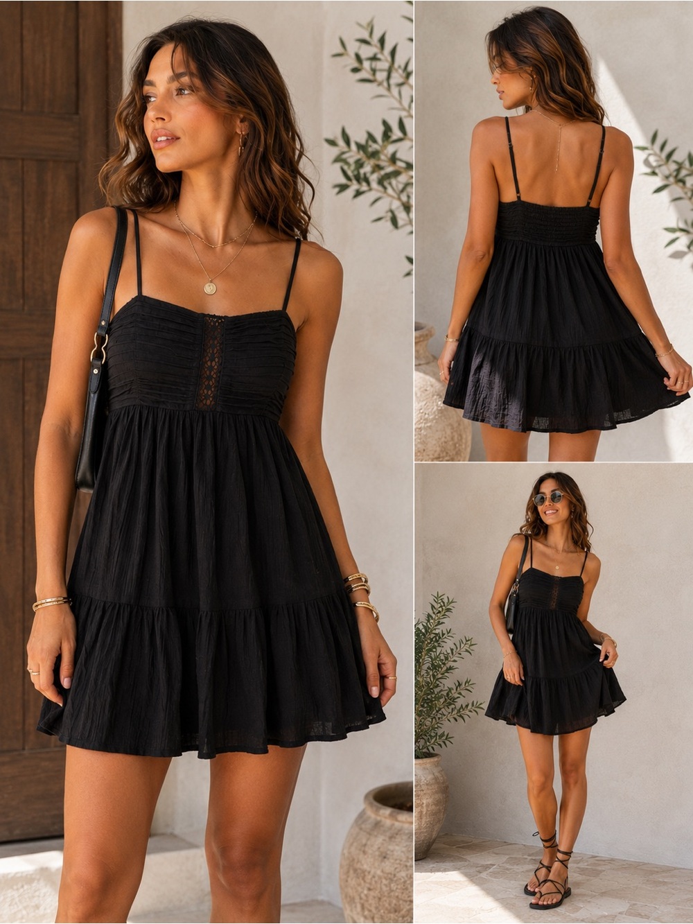 ZARA Black Tiered Boho Midi Dress Ruched Crochet Corset Sundress Size S